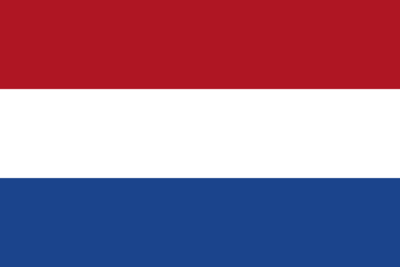 Flag of the Netherlands with horizontal bands of red at the top, white in the middle, and blue at the bottom.