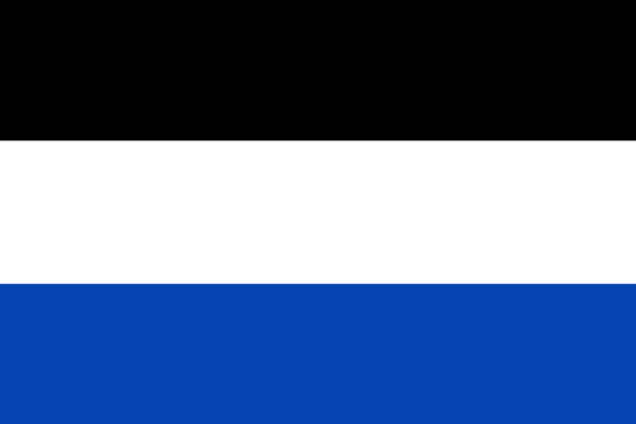 A horizontal tricolor flag with black, white, and blue stripes.