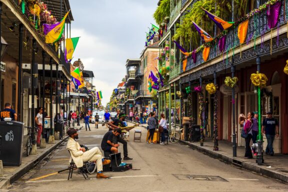 Musicians play in the street of the French Quarter in New Orleans, Louisiana.