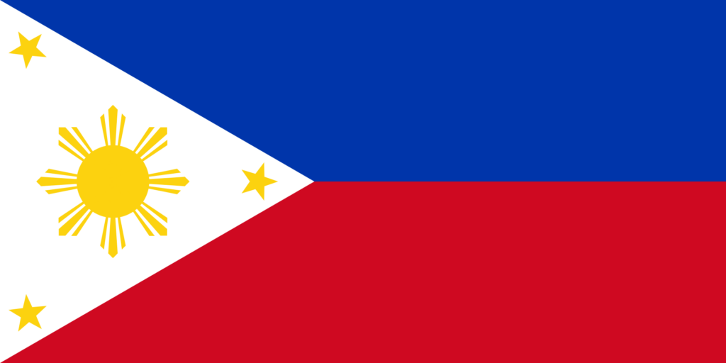 Flag of the Philippines with a white triangle, blue and red panels, and three stars with a sun.