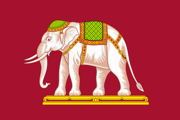 Illustration of a white elephant facing left with a regal saddle and caparison on a deep red background, representing the previous flag of Thailand.