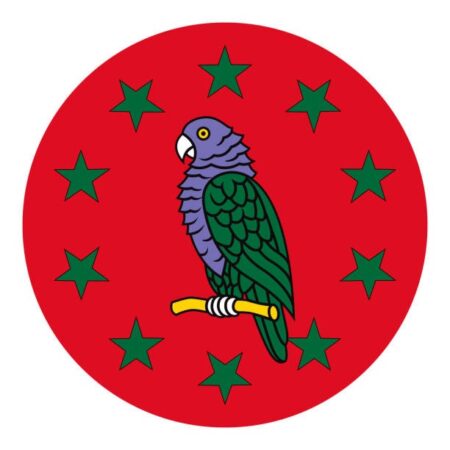 A colorful illustration of a purple parrot with green wings perched on a branch, centered on a red background surrounded by green stars.