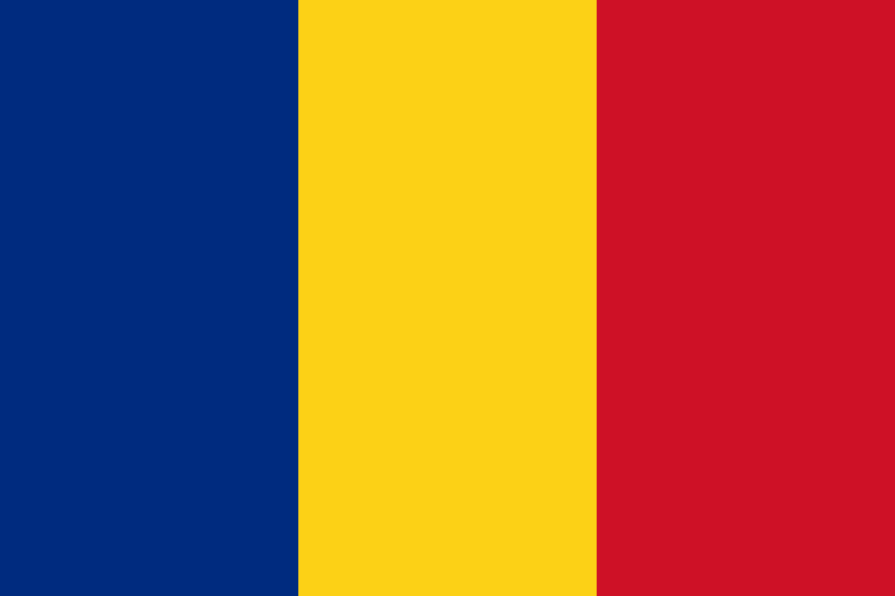 Flag of Romania with vertical stripes in blue, yellow, and red.