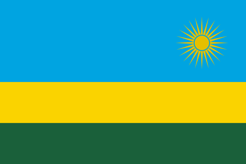 Flag of Rwanda with horizontal bands of blue, yellow, and green, and a yellow sun with multiple rays in the top right corner.