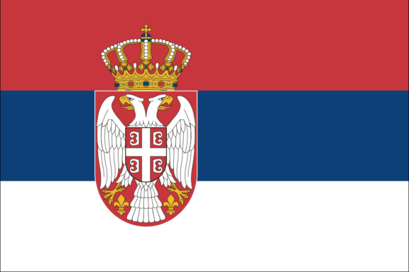 Flag of Serbia with horizontal stripes of red, blue, and white, featuring the national coat of arms in the center.