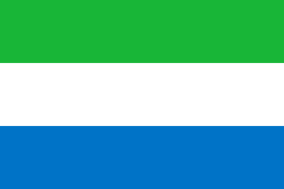 Flag of Sierra Leone with horizontal stripes of green, white, and blue.