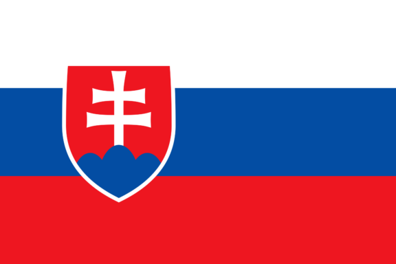 Flag of Slovakia with horizontal stripes in white, blue, and red, and the national coat of arms on the left side.