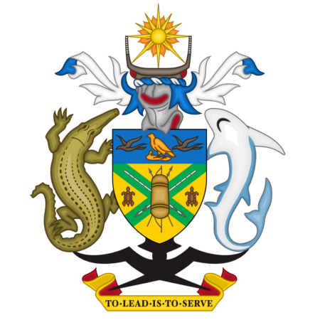 Coat of arms of the Solomon Islands featuring a shield with a crocodile and a frigate bird, flanked by a shark and a dolphin, with a war helmet above and the motto "To Lead is to Serve" below.