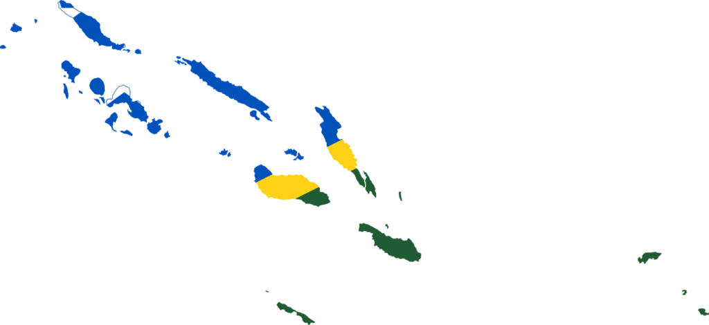 Map of the Solomon Islands with the country's flag overlaying the landmasses.