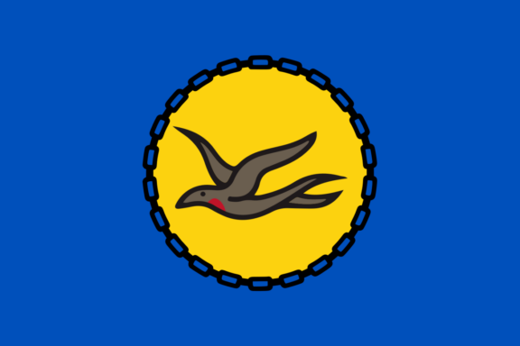 A proposed flag for the Solomon Islands featuring a blue field with a yellow circle in the center, surrounded by a chain of black links, and a black frigate bird with a red beak flying to the left.