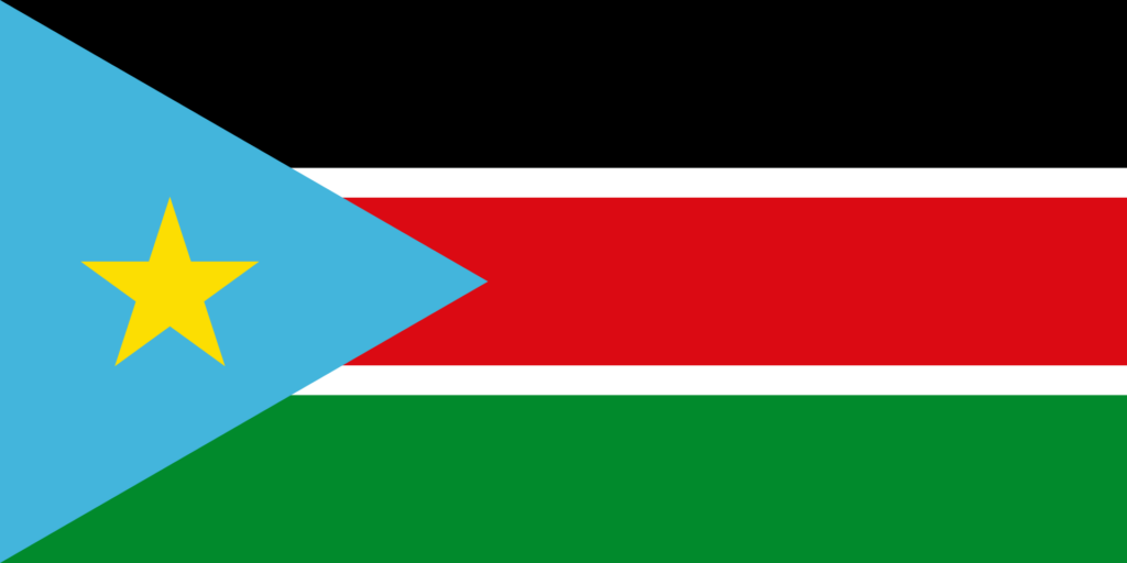 Flag of South Sudan with a blue triangle and gold star on the left and horizontal stripes of black, red, and green.