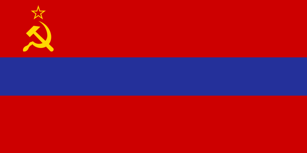 A flag with three horizontal stripes, red on the top and bottom and blue in the middle, with a golden hammer and sickle and a star in the upper-left corner.