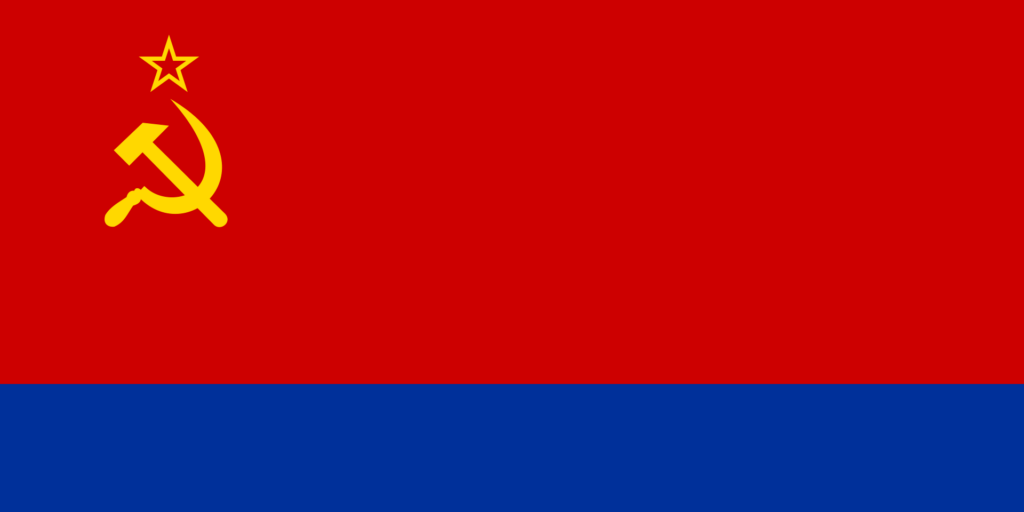 Historical flag of Soviet Azerbaijan with a red field on top and a blue field on the bottom, featuring a golden hammer and sickle and a red star in the upper-left corner.