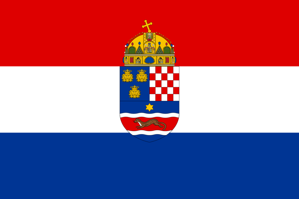 Flag of Croatia with horizontal stripes in red, white, and blue, and the country's coat of arms in the center.