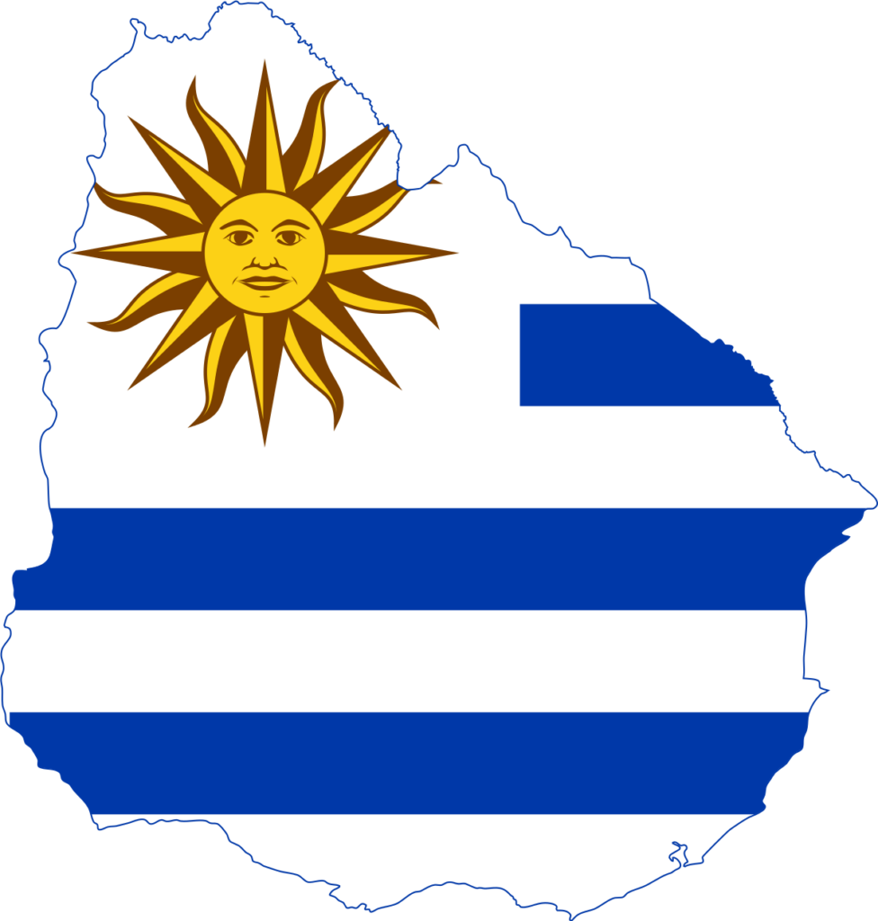 Map of Uruguay shaped with the design of the Uruguayan flag, featuring horizontal blue and white stripes and a yellow sun with a face in the upper left corner.