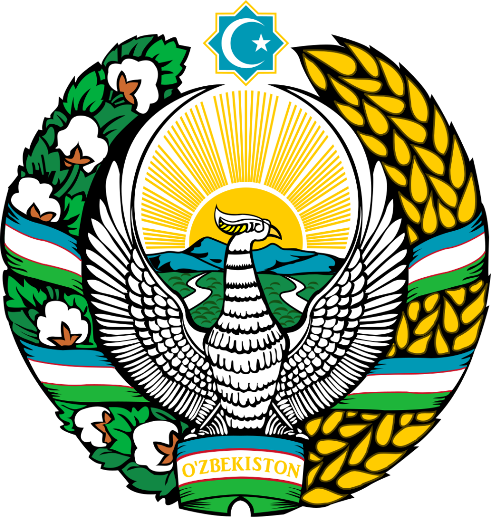 Coat of arms of Uzbekistan featuring a bird with outstretched wings against a rising sun, flanked by wheat ears with cotton bolls, and a scroll with the word "O'zbekiston" below.