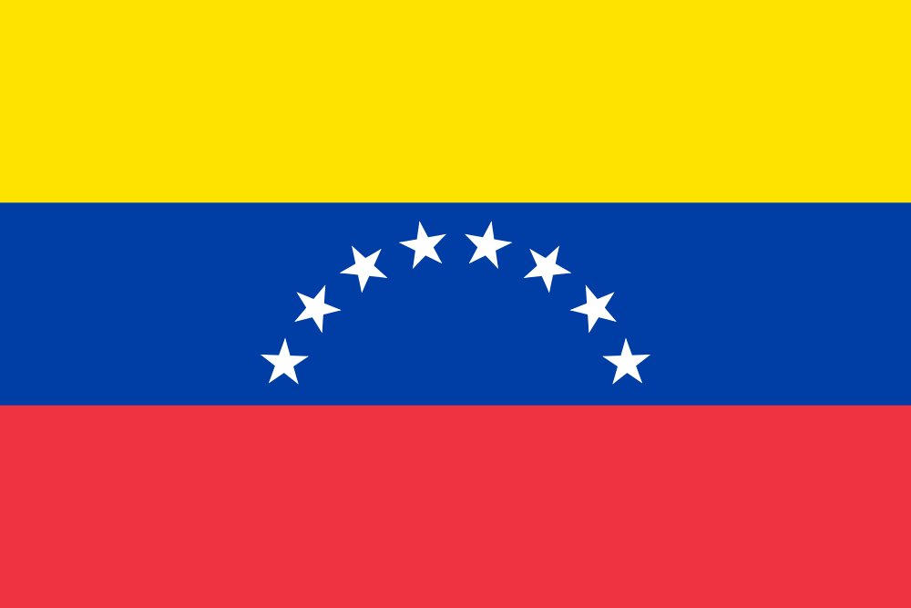 Flag of Venezuela with horizontal stripes in yellow, blue, and red, and a semicircle of eight white stars centered on the blue stripe.