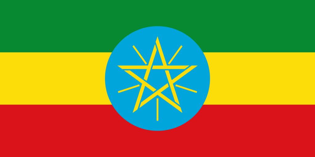 Ethiopian flag with horizontal green, yellow, and red stripes and a blue circle with a yellow star in the center.