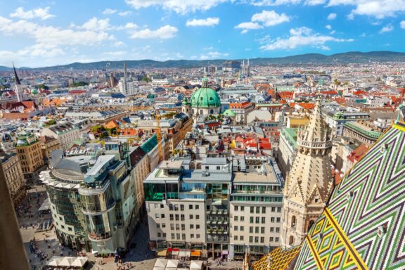 The Vienna skyline can be seen from the top of Saint Stephen’s Cathedral.