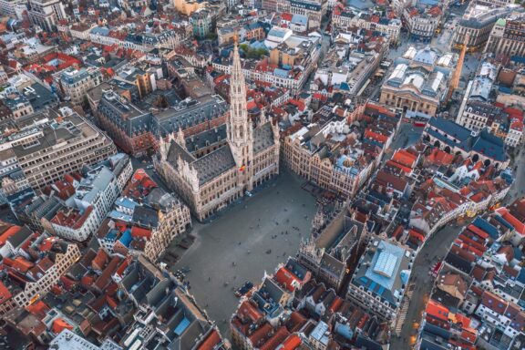 An aerial view of Grand Place Square and the surrounding city in Brussels, Belgium.