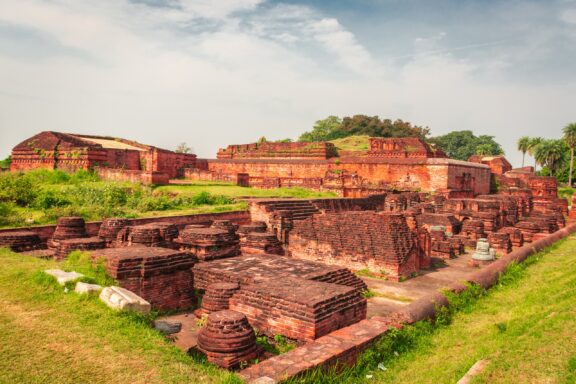 Red stone archeological ruins in Nalanda, Bihar.