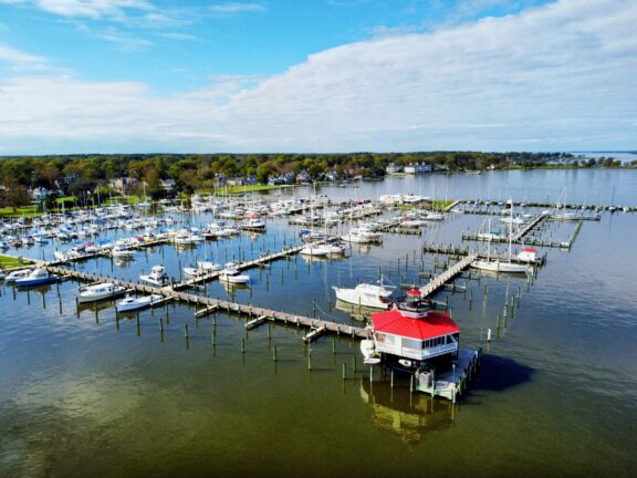 An aerial view of the red-roofed Choptank River Lighthouse in Cambridge, Maryland.