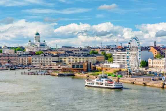 A view of the water and Helsinki, Finland on a sunny day.