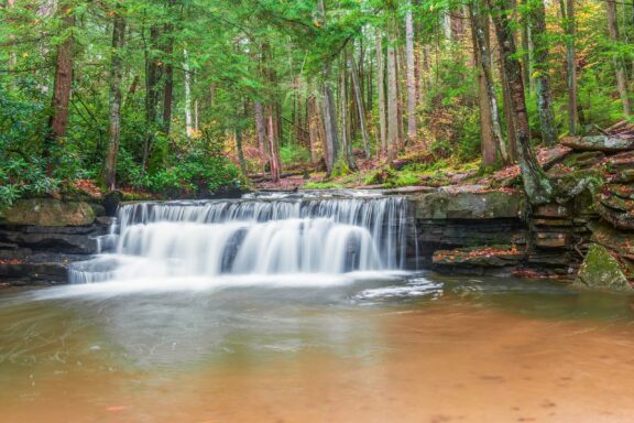 A view of Tolliver Falls surrounded by trees in Garret County.