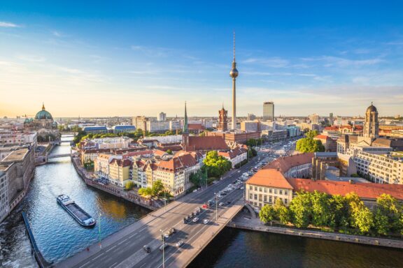 An aerial view of the Spree River passing through Berlin, Germany.