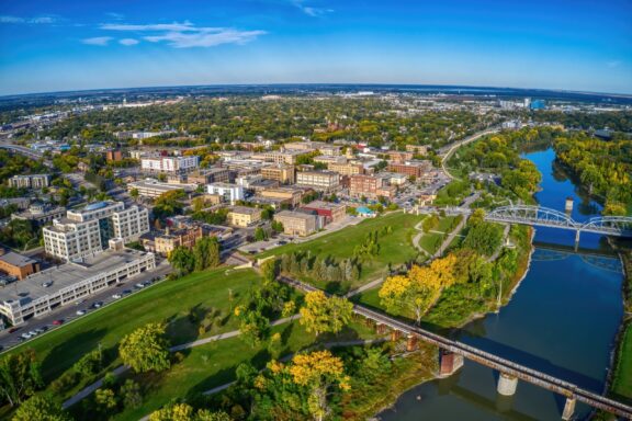 An aerial view of Grand Forks in North Dakota on a sunny autumn day.