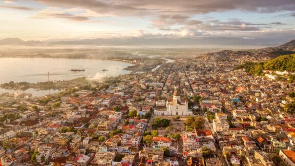 An aerial view of Cap-Haitien, Haiti at sunrise.