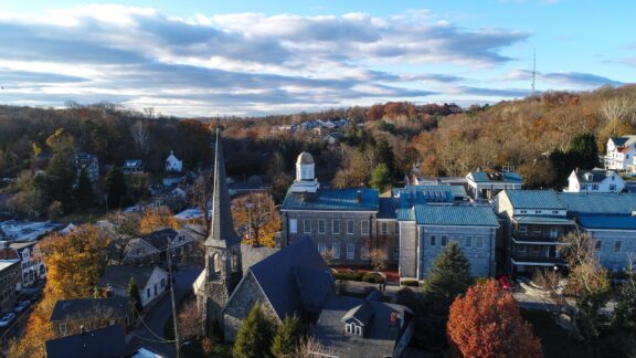 An aerial view of historic Ellicott City in Maryland’s Howard County.