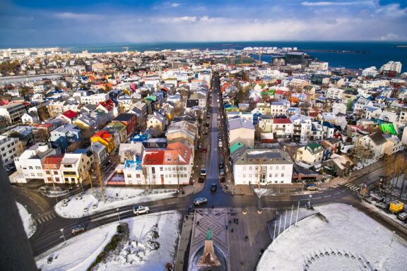 An aerial view of Reykjavik, Iceland.