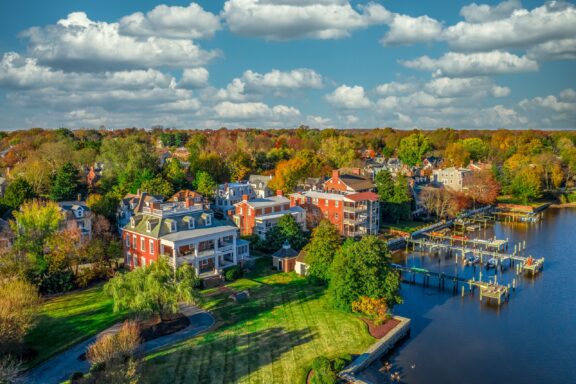 An aerial view of large houses and docks on Chesapeake Bay in Chestertown, Maryland.