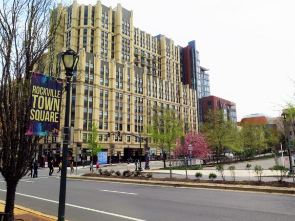 A street-level view of downtown Rockville, Maryland on a cloudy day.