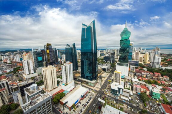 An aerial view of skyscrapers in the center of Panama City, Panama.