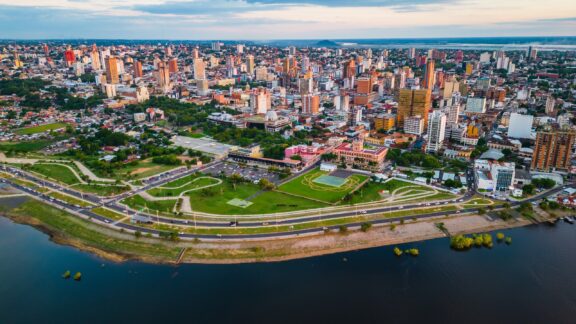 An aerial view of the Asuncion, Paraguay skyline and the coast.