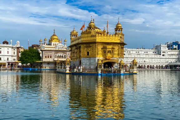 The Golden Temple reflects in the water in Amritsar.