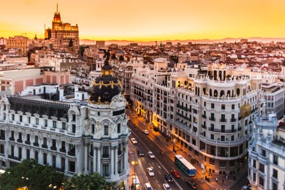 An aerial view of a main shopping street in downtown Madrid, Spain.