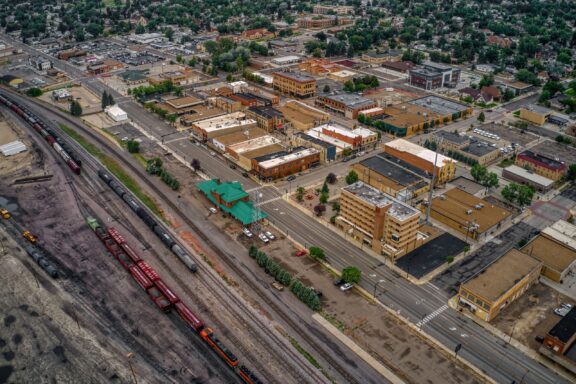 Aerial View of Downtown Dickinson, North Dakota with Train Tracks and Streets An aerial view of Dickinson, North Dakota