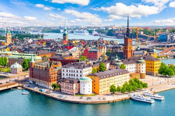 An aerial view of the Stockholm old town in Sweden on a sunny day.