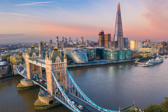 An aerial view of Tower Bridge in London, the capital of the United Kingdom.