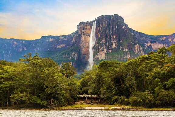 A view of Angel Falls surrounded by jungle in Venezuela.