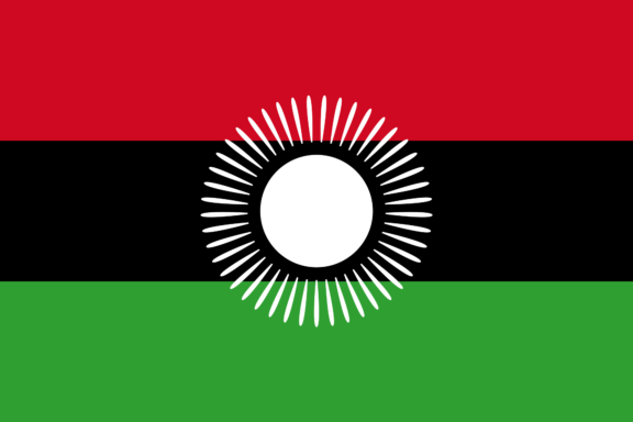 Flag of Malawi with a rising sun over horizontal stripes of black, red, and green.