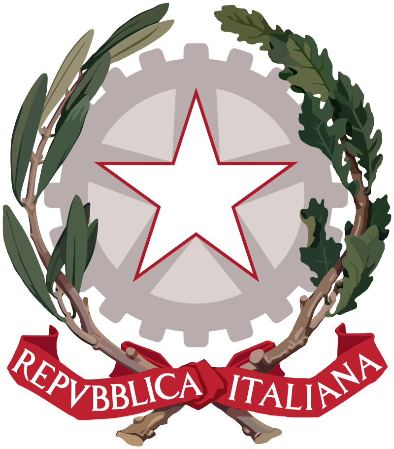 Coat of arms of Italy featuring a white star with a red outline, surrounded by an olive and oak branch, with a red ribbon inscribed with "Repubblica Italiana".