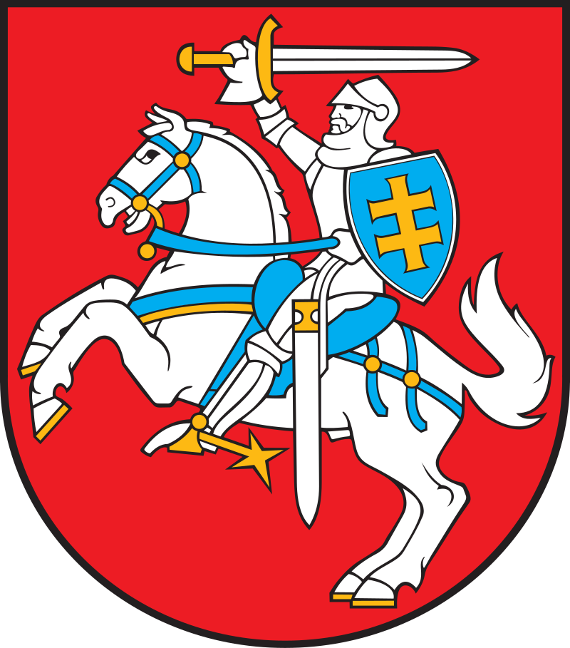 Coat of arms of Lithuania featuring a knight in armor on horseback holding a sword and shield with a Vytis (Pahonia) emblem.