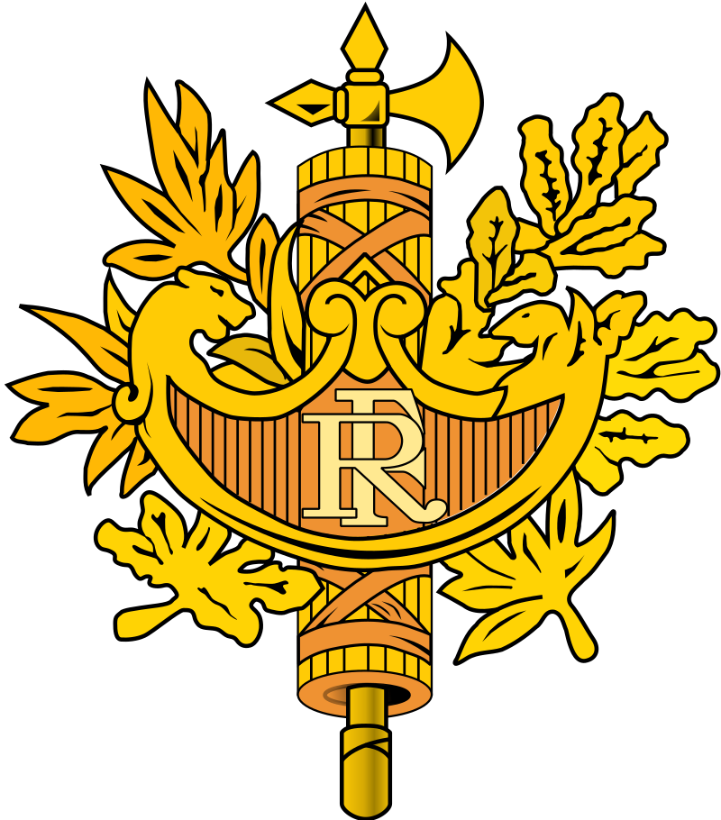 Coat of arms of the French Republic featuring an olive branch around a gold shield, a ribbon, and the letter 'R' in the center.