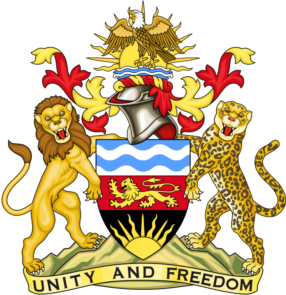 Coat of arms of Malawi featuring a lion and a leopard as supporters, a shield with a rising sun and waves, and a motto banner reading "Unity and Freedom".