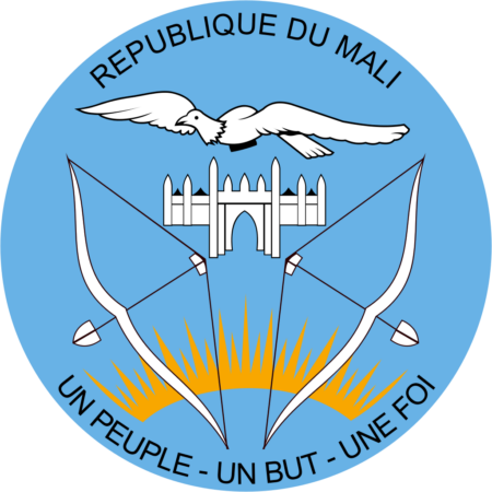 Coat of arms of Mali featuring a bird in flight above a mosque, two crossed spears, and a rising sun with the national motto.