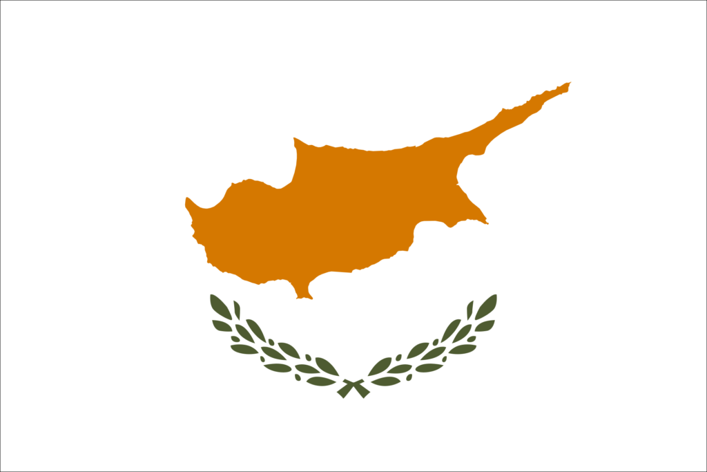 Flag of Cyprus with an outline of the island above two olive branches on a white background.